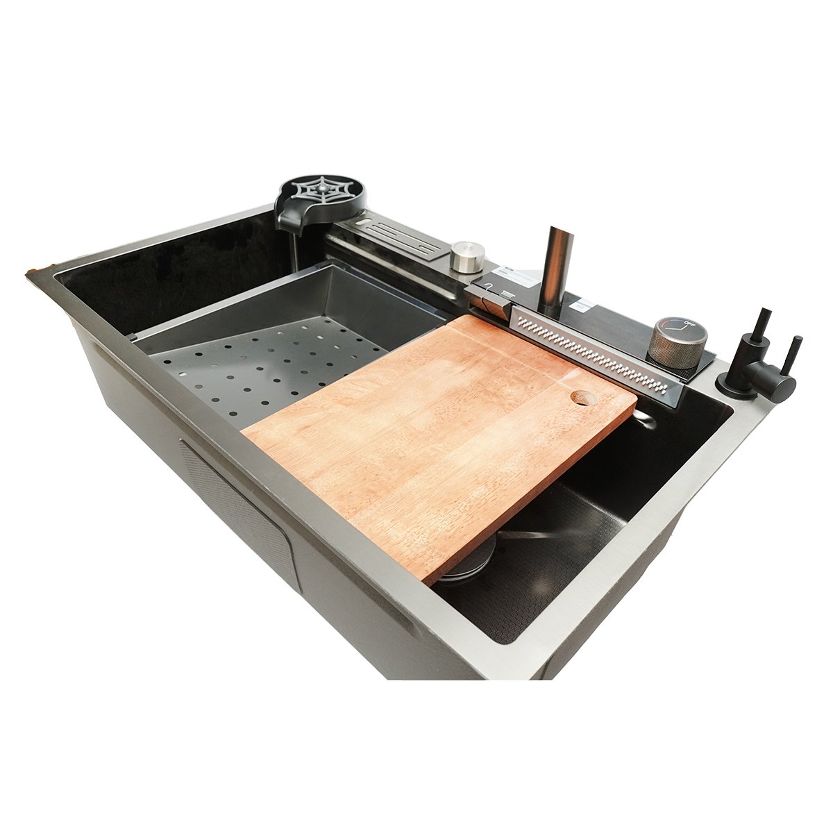 Chiuveta bucatarie multifunctionala cu doua baterii, otel inoxidabil, afisaj digital temperatura, doua cascade, spalator pahare, scurgator, tava, tocator si accesorii scurgere incluse, dimensiune 75x46x23.5cm